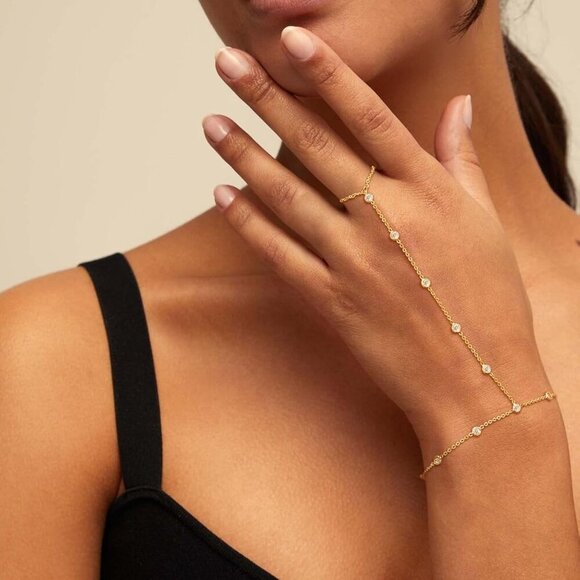 Gold Hand Chain Bracelet Womens 14K Gold Plated Dainty Waterproof Jewelry - Picture 5 of 8